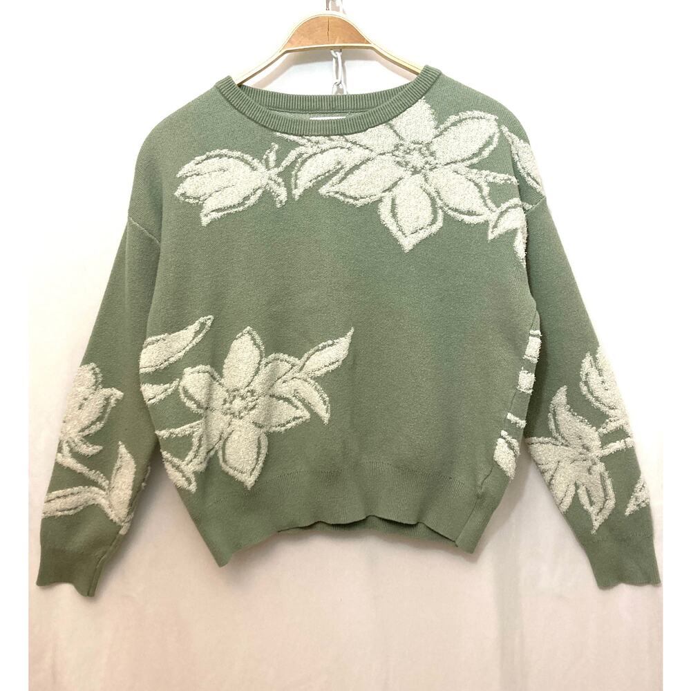 Nicole Miller Cozy Knit Green White Floral Print Patterned Jumper Sweater